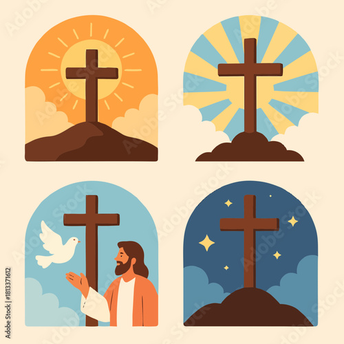 Flat Christian illustration set featuring a cross on a mountain, a dove of peace, and faith symbols under day and night skies. Ideal for worship visuals and devotional themes