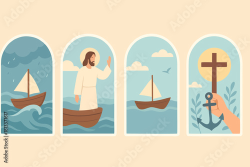 “Flat illustration of Jesus by the sea with boats, symbolizing calm and spiritual guidance. Perfect for Bible story visuals and faith-based content.”
