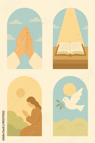 “Flat illustration of Jesus by the sea with boats, symbolizing calm and spiritual guidance. Perfect for Bible story visuals and faith-based content.”
