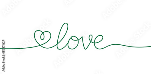 Love word written in continuous single line art style with a graceful heart shape incorporated at the start, symbolizing affection and connection.