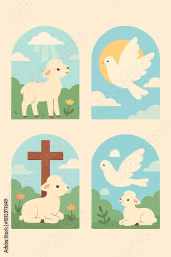“Flat Christian illustration set showing praying hands, an open Bible, sunrise symbolism, and a dove representing peace. Great for devotional graphics and church teaching material.”
