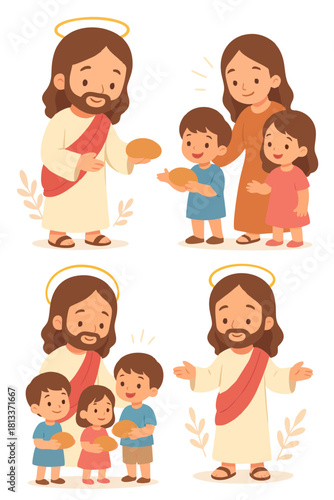 Cute flat illustration of Jesus interacting with children, sharing bread and showing kindness. Perfect for Sunday school books, Christian teaching visuals, and family-friendly religious content.