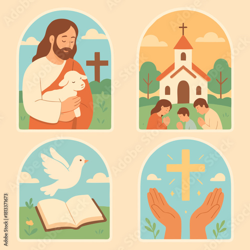 Flat Christian illustration featuring Jesus with children, a church scene, a dove of peace, and a radiant cross. Ideal for Sunday school materials, faith content, and religious education.