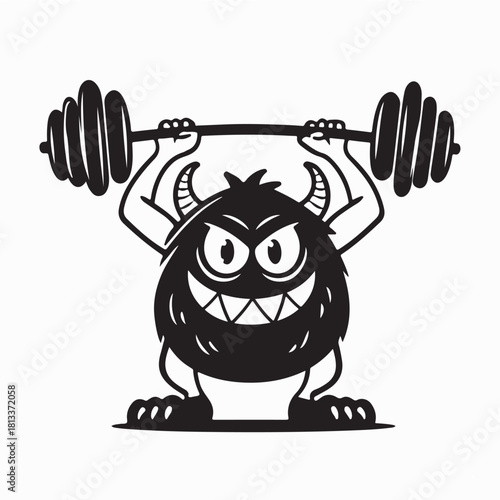 Funny Cartoon Monster Exercising with Weights vector on white background
