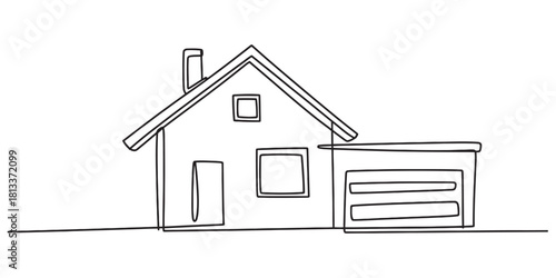 One continuous line drawing of a simple suburban house with an attached garage, depicting home, property, and architecture concept illustration on white background.