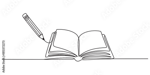 One continuous line art drawing of an open book and a pencil illustrating concepts of education, learning, writing, reading, and knowledge.