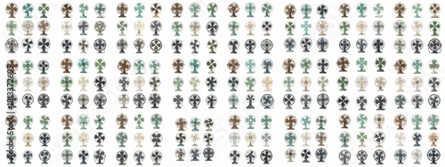 Seamless pattern of vintage electric desk fans illustration set, featuring retro designs in various colors like teal, brown, and gray for summer cooling.