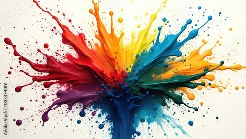 Colorful paint splashes exploding outwards from a central point, displaying a vivid rainbow of hues against a clean white background.