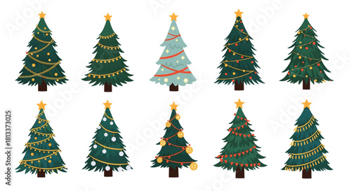 Collection of ten decorated Christmas trees in various styles and colors on a white background.