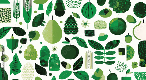 Organic green fruit and leaf pattern with stylized nature elements illustration design Vector