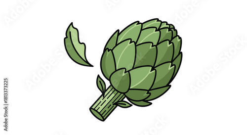 Illustration of a fresh green artichoke with a detached leaf on a white background.