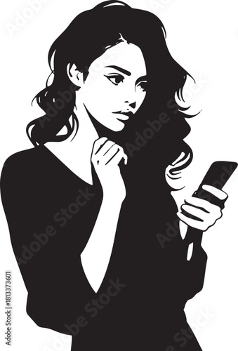 Black and white vector illustration of a pensive woman looking at her smartphone Vector