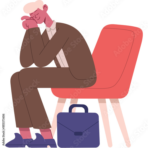 Man in brown suit sitting on a coral chair with a blue briefcase and closed eyes on a white background