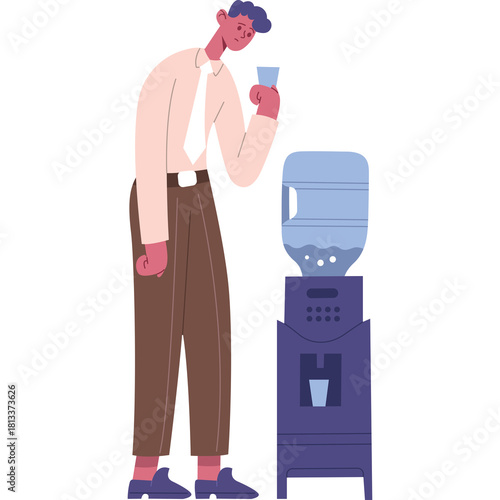 Man In Light Pink Shirt White Tie Brown Pants And Blue Shoes Holds Small Glass Standing Next To Blue Water Cooler With Large Water Bottle On Transparent Background