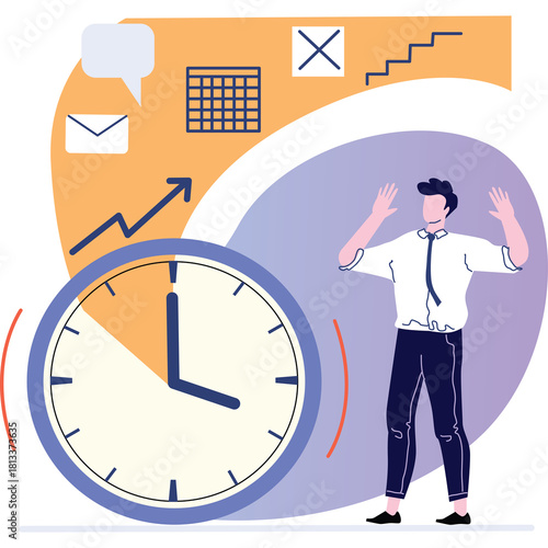 Man in white shirt dark pants stands near large clock showing 4 oclock graphic on orange and purple background with stairs and mail icons overhead