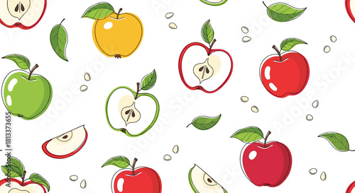 A vibrant seamless pattern featuring red, green, and yellow apples, some whole, some sliced, with scattered leaves and seeds on a clean white background.