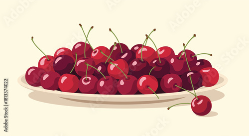 A vivid vector illustration featuring a generous heap of fresh red cherries with green stems on a white serving plate, with one cherry fallen off.