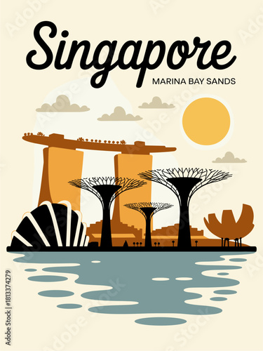 Retro travel poster of Singapore featuring Marina Bay Sands and Supertree Grove silhouettes, clean lines, and elegant vintage colors, perfect for travel and architecture designs.