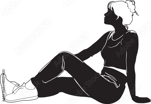 Silhouette of woman in sportswear sitting and looking up, relaxed pose, vector graphic Vector
