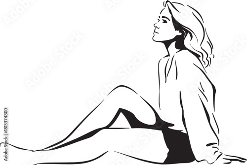 Minimalist line art illustration of a woman sitting, looking up with a thoughtful gaze. Vector