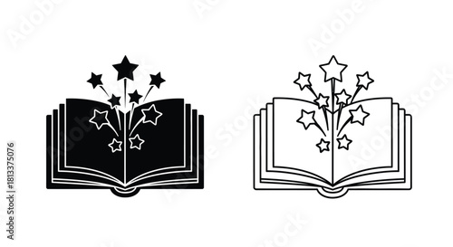 Open books with radiating stars presented in dual black and white designs