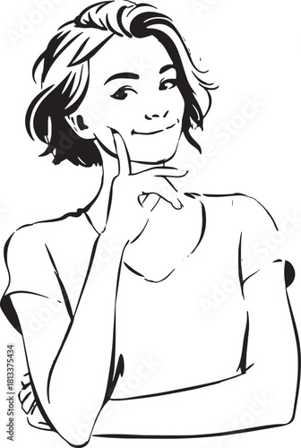Thoughtful young woman with hand on chin, smiling, black and white line art illustration. Vector
