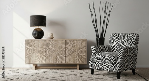 Modern living room accent chair and sideboard with decorative elements