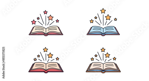 An open book with sparkling stars emanating from its pages illustrated arrangement