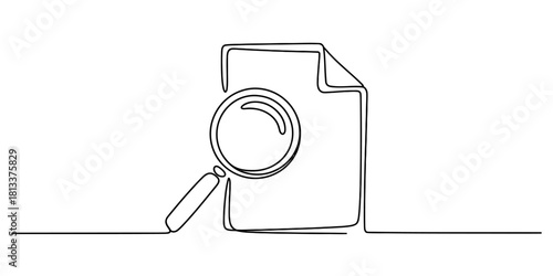 Continuous line drawing of a document icon with a magnifying glass, depicting search, data analysis, file review, and finding information.