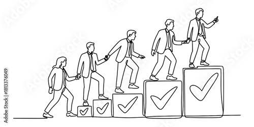 Continuous line drawing of diverse business team ascending steps with checkmarks, symbolizing success, teamwork, leadership, and progress.