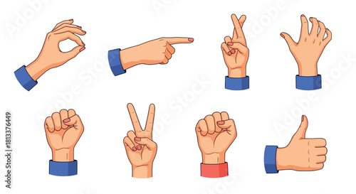 Various hand gestures displayed illustrating common signals and expressions