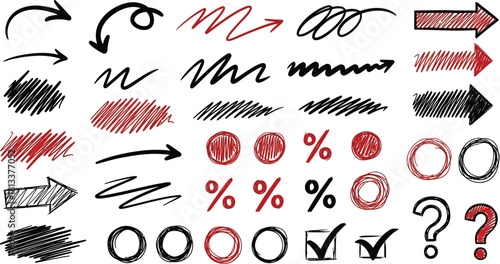 Collection of Red and Black Hand Drawn Scribble Symbols and Punctuation Marks on White Background