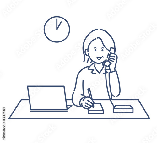 電話対応をする40代女性のイラスト　線画のみ