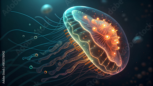 Glowing jellyfish floats gracefully in deep ocean, showcasing its translucent body and vibrant tentacles, embodying beauty of marine life