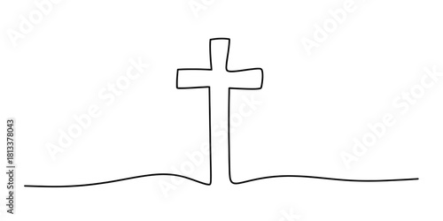 Continuous line art drawing of a christian cross, symbolizing faith, hope, and spirituality. minimalist religious icon isolated on white.