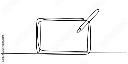 Minimalist continuous line art illustration of a modern graphic tablet and stylus, perfect for digital drawing and creative design concepts