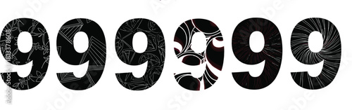 Stylized number nine vector set, six figures with complex abstract and geometric black and red textures, ideal for sale banners, promotional flyers, or digital graphic design projects.