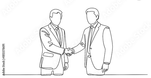 Continuous line drawing of two faceless businessmen shaking hands, symbolizing agreement, partnership, collaboration, and a successful deal.
