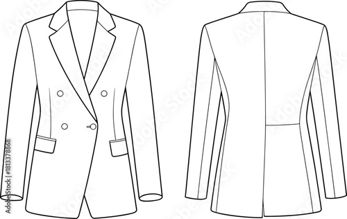 “Double breasted women’s blazer technical flat sketch, tailored jacket fashion CAD drawing with front and back view detailed vector illustration”
