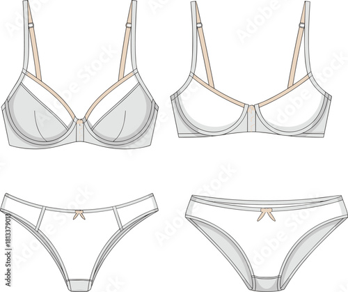 Elegant lingerie bra and panty CAD drawing, detailed flat vector illustration showcasing underwear design, fashion sketch, garment template for designers