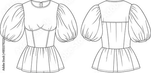 Elegant puff-sleeve peplum top fashion flat, detailed technical sketch with fitted bodice, gathered sleeves, and feminine silhouette design illustration