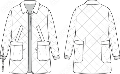 Quilted long coat technical flat sketch, detailed outerwear design illustration with pockets, collar, stitching lines and front back views, cad drawing flat vector illustration