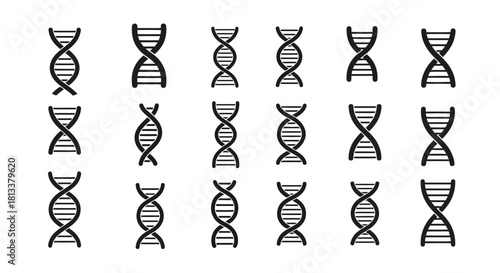 Multiple black and white dna helix illustrations arranged in a grid pattern