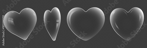 Glass heart shape interface set, transparent glossy heart icons, liquid glass decorative elements for web and app design, modern glassmorphism heart collection with glow effect, PNG illustration