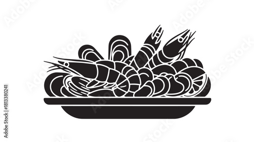 Black and White Illustration of Shrimp on Plate