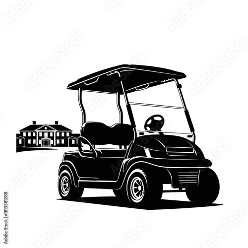 Leisure Black and White Golf Cart and House Vector Illustration Suburban Lifestyle Graphic