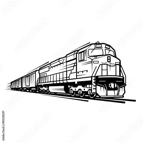 Powerful Black and White Illustration of a Diesel Freight Train Moving Forward on Tracks