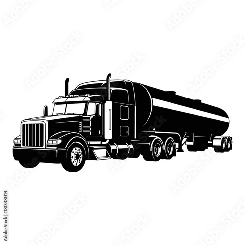 Minimalist Black and White Semi Truck with Cylindrical Trailer Vector Graphic Logistics