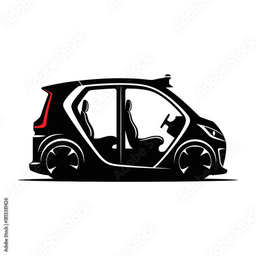Simple Black and White Silhouette of Car with Two Passengers Inside Travel Graphic