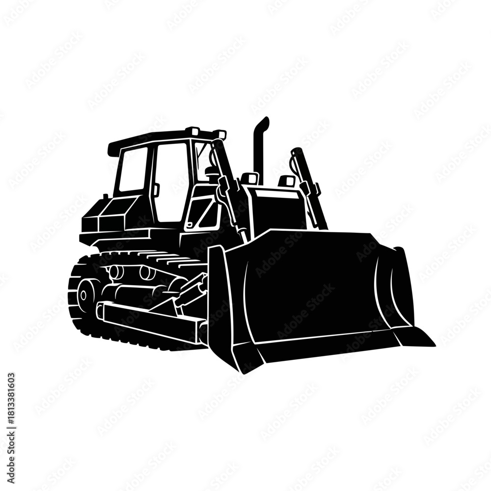 Naklejka premium Monochrome Technical Drawing Bulldozer Engineering Blueprint Industrial Machinery Vector